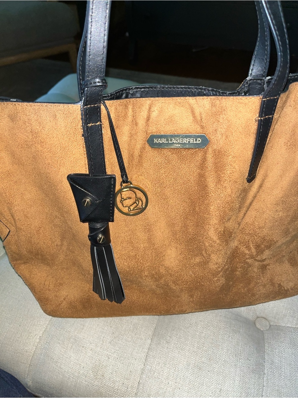 Karl Lagerfeld Tan Suede Tote with Black Trim and Gold Charm